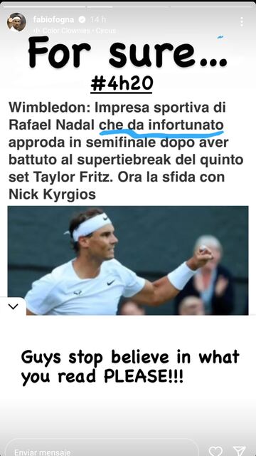Historia de Fabio Fognini en Instagram en la que pone en duda la lesión de Rafa Nadal en Wimbledon.