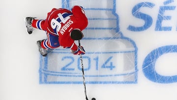 MONTREAL, QC - APRIL 20: P.K. Subban of the Montreal Canadiens skates over the Stanley Cup logo prior to playing against the Tampa Bay Lightning in Game Three of the First Round of the 2014 NHL Stanley Cup Playoffs at the Bell Centre on April 20, 2014 in Montreal, Quebec, Canada.   Andre Ringuette/Getty Images/AFP
== FOR NEWSPAPERS, INTERNET, TELCOS & TELEVISION USE ONLY ==