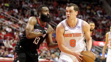 Apr 5, 2019; Houston, TX, USA; New York Knicks forward Mario Hezonja (8) handles the ball while Houston Rockets guard James Harden (13) defends during the third quarter at Toyota Center. Mandatory Credit: Erik Williams-USA TODAY Sports