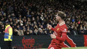 London (United Kingdom), 22/12/2024.- Liverpool's Alexis Mac Allister celebrates scoring the 2-0 lead during the English Premier League soccer match beween Tottenham Hotspur and Liverpool FC, in London, Britain, 22 December 2024. (Reino Unido, Londres) EFE/EPA/TOLGA AKMEN EDITORIAL USE ONLY. No use with unauthorized audio, video, data, fixture lists, club/league logos, 'live' services or NFTs. Online in-match use limited to 120 images, no video emulation. No use in betting, games or single club/league/player publications.