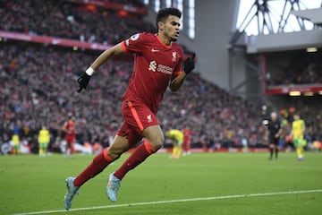 El extremo colombiano Luis Díaz anotó el tercer gol de la victoria de Liverpool 3-1 ante Norwich por la jornada 26 de la Premier League en Anfield.