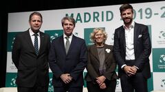 FC Barcelona player and founder of investment group Kosmos, Gerard Pique, Madrid Community Angel Garrido, and Madrid mayor Manuela Carmena attend an event to present the revamped Davis Cup in Madrid, Spain, October 17, 2018
