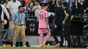 Inter Miami's Argentine forward Lionel Messi leaves the field at the end of the Concacaf Champions Cup quarter-final second-leg football match between Mexico's Monterrey and US' Inter Miami at the BBVA Stadium in Monterrey, Mexico on April 10, 2024. (Photo by YURI CORTEZ / AFP)