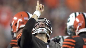 Cleveland Browns quarterback Baker Mayfield celebrates after the final play of an NFL football game against the New York Jets, Thursday, Sept. 20, 2018, in Cleveland. The Browns won 21-17. (AP Photo/David Richard)