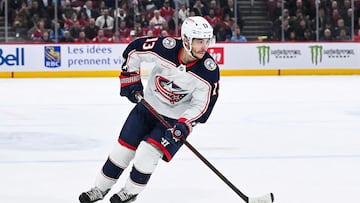 FILE PHOTO: Columbus Blue Jackets left wing Johnny Gaudreau (13) plays the puck against the Montreal Canadiens during the second period at Bell Centre in Montreal, Quebec, Canada March 12, 2024. David Kirouac-USA TODAY Sports via REUTERS/File Photo