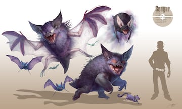 Gengar | Aquí el artista deja volar más su imaginación y presenta a Gengar y sus estados anteriores en forma de murciélagos, desde Gastly a Haunter.