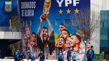 Soccer Football - World Cup - South American Qualifiers - Argentina Training - Stadium, Buenos Aires, Argentina - September 10, 2023 General view of a mural with Argentina lifting the World Cup trophy during training REUTERS/Agustin Marcarian