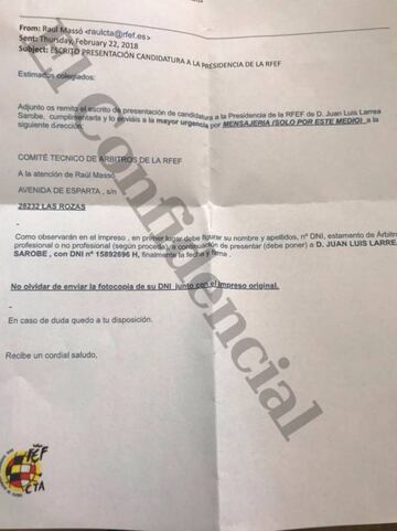 La carta enviada por el secretario del Comit&eacute; T&eacute;cnico de &Aacute;rbitros (CTA) a los colegiados.