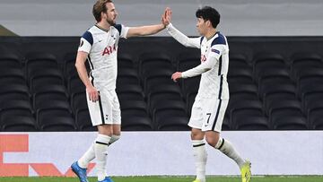 11 March 2021, United Kingdom, London: Tottenham Hotspur's Harry Kane (L) celebrates with Son Heung-min after scoring their side's first goal during the UEFA Europa League round of sixteen, first leg soccer match between Tottenham Hotspur and GN