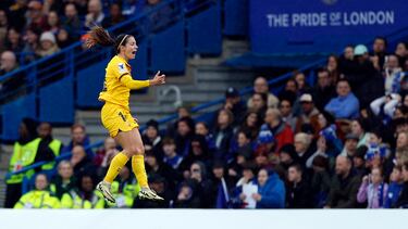 Soccer Football - Women's Champions League - Semi Final - Second Leg - Chelsea v FC Barcelona - Stamford Bridge, London, Britain - April 27, 2024 FC Barcelona's Aitana Bonmati celebrates scoring their first goal Action Images via Reuters/Peter Cziborra