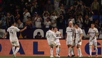 Mar 29, 2025; Carson, California, USA; LA Galaxy defender Christian Ramirez (17) celebrates with teammates after scoring a goal during the first half against Orlando City at Dignity Health Sports Park. Mandatory Credit: Kiyoshi Mio-Imagn Images