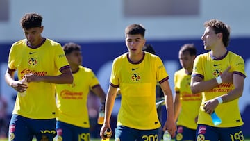 Francisco Garcia, Diego Reyes, Franco Rossano of America during the 11th round match between Guadalajara and America as part of the U-23 Basics Forces Liga BBVA MX, Torneo Clausura 2025 at Verde Valle, on March 08, 2025 in Guadalajara, Jalisco, Mexico.