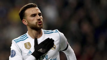 El delantero del Real Madrid Borja Mayoral celebra el primer gol de su equipo ante el Borussia Dortmund.