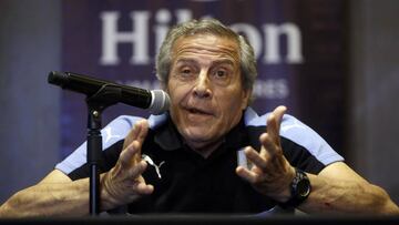 Uruguay's head coach Oscar Tabarez, speaks during a press conference in Lima, Peru, Monday, March 27, 2017. Uruguay will face Peru in a World Cup qualifying soccer game in Lima, Tuesday March 28. (AP Photo/Martin Mejia) (AP Photo/Martin Mejia)