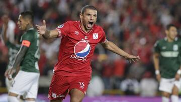 El defensa argentino Juan Pablo Segovia celebrando su gol con Am&eacute;rica de Cali ante Atl&eacute;tico Nacional en el Torneo Fox Sports 2019