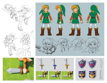 Trabajo conceptual sobre el Link original de The Legend of Zelda: Link's Awakening de Switch; varias versiones de la espada y el escudo.