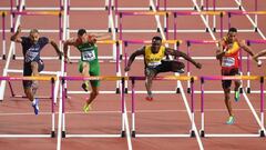 LONDON, ENGLAND - AUGUST 07:  Omar McLeod of Jamaica leads Balazs Baji of Hungary and Garfield Darien of France during the Men&#039;s 110 metres hurdles final during day four of the 16th IAAF World Athletics Championships London 2017 at The London Stadium on August 7, 2017 in London, United Kingdom.  (Photo by David Ramos/Getty Images)