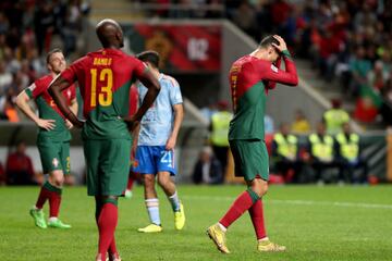 Cristiano Ronaldo of Portugal (R ) reacts during the UEFA Nations League Group A2 football match between Portugal and Spain, at the Municipal Stadium in Braga, Portugal, on September 27, 2022. (Photo by Pedro Fiúza/NurPhoto via Getty Images)