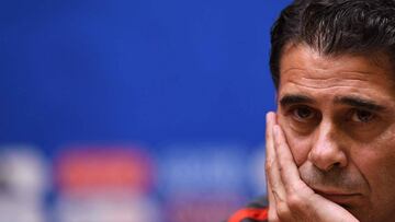 (FILES) In this file photo taken on June 24, 2018 Spain's coach Fernando Hierro gives a press conference at Mirniy Stadium in Kaliningrad on June 24, 2018 on the eve of their Russia 2018 World Cup Group B football match against Morocco.
Fernando Hie