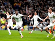 Vinicius Jr of Real Madrid celebrates a goal during the La Liga 2025/26 match between Real Madrid and Real Sociedad at Santiago Bernabeu Stadium in Madrid, Spain, on February 14. (Photo by Guille Martinez/f22photo/NurPhoto via Getty Images)