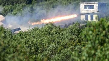Russian Uragan self-propelled 220mm multiple rocket launchers fire projectiles in the 'Vostok-2022' military exercises at the Uspenovskyi training ground (Sakhalin Island) outside the city of Yuzhno-Sakhalinsk on the Russian Far East on September 4, 2022. - The Vostok 2022 military exercises, involving several Kremlin-friendly countries including China, takes place from September 1-7 across several training grounds in Russia's Far East and in the waters off it. Over 50,000 soldiers and more than 5,000 units of military equipment, including 140 aircraft and 60 ships, are involved in the drills. (Photo by Kirill KUDRYAVTSEV / AFP) (Photo by KIRILL KUDRYAVTSEV/AFP via Getty Images)