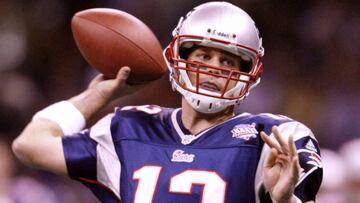 New England Patriots&#039; quarterback Tom Brady throws against the St. Louis Rams&#039; in the first half of Super Bowl XXXVI in New Orleans, February 3, 2002.   REUTERS/Mike Blake