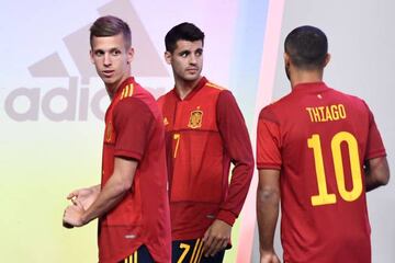 Spain's Dani Olmo, Alvaro Morata and Thiago Alcantara attend the presentation of Spain's new jersey for Euro 2020.