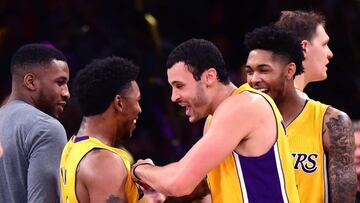 LOS ANGELES, CA - NOVEMBER 22: Nick Young #0 of the Los Angeles Lakers celebrates a 111-109 win over the Oklahoma City Thunder with Larry Nance Jr. #7, Brandon Ingram #14 and Tarik Black #28 at Staples Center on November 22, 2016 in Los Angeles, California. NOTE TO USER: User expressly acknowledges and agrees that, by downloading and or using this photograph, User is consenting to the terms and conditions of the Getty Images License Agreement.   Harry How/Getty Images/AFP
 == FOR NEWSPAPERS, INTERNET, TELCOS &amp; TELEVISION USE ONLY ==