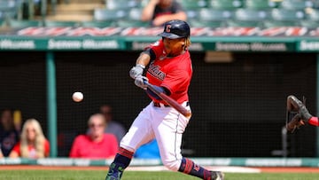 CLEVELAND, OH - MAY 19: Cleveland Guardians third baseman Jose Ramirez (11) singles to drive in a run during the eighth inning of the Major League Baseball Interleague game between the Cincinnati Reds and Cleveland Guardians on May 19, 2022, at Progressive Field in Cleveland, OH. (Photo by Frank Jansky/Icon Sportswire via Getty Images)