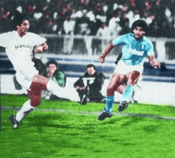 Real Madrid's Chendo looks to block Maradona's path to goal.