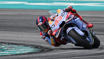 Gresini Racing MotoGP's Spanish rider Marc Marquez takes a corner during the first day of the pre-season MotoGP test at the Sepang International Circuit in Sepang on February 6, 2024. (Photo by Mohd RASFAN / AFP)