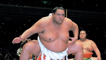 Sumo grand champion, or yokozuna, Akebono, performs a ring entry ceremony in Tokyo, Japan.