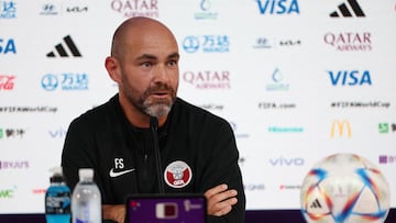 Soccer Football - FIFA World Cup Qatar 2022 - Qatar Press Conference - Main Media Center, Doha, Qatar - November 19, 2022 Qatar coach Felix Sanchez during a press conference REUTERS/Matthew Childs