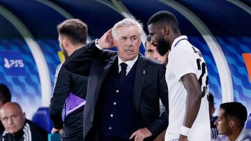 HELSINKI, FINLAND - AUGUST 10: (L-R) coach Carlo Ancelotti of Real Madrid, Antonio Rudiger of Real Madrid 
 during the UEFA Super Cup   match between Real Madrid v Eintracht Frankfurt at the Olympic Stadium Helsinki on August 10, 2022 in Helsinki Finland (Photo by David S. Bustamante/Soccrates/Getty Images)