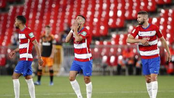 GRANADA, SPAIN - JULY 04: Fede Vico of Granada CF celebrates scoring his teams second goal of the game during the Liga match between Granada CF and Valencia CF at Mestalla Stadium on July 04, 2020 in Granada, Spain. (Photo by Fran Santiago/Getty Images)