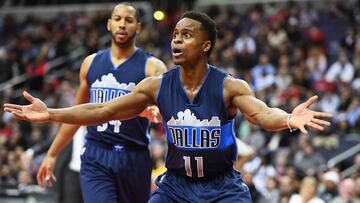 Mar 15, 2017; Washington, DC, USA; Dallas Mavericks guard Yogi Ferrell (11) reacts to a foul call during a game against the Washington Wizards during the second half at Verizon Center. The Dallas Mavericks won 112 - 107. Mandatory Credit: Brad Mills-USA TODAY Sports