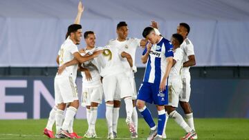 Marco Asensio of Real Madrid celebrates a goal marked by VAR during the Liga match between Real Madrid and Deportivo Alaves at Alfredo Di Stefano Stadium on July 10, 2020 in Valdebebas, Madrid, Spain.
 
 
 10/07/2020 ONLY FOR USE IN SPAIN