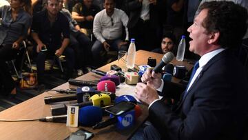 The president of the South American football&#039;s governing body Conmebol, Paraguayan Alejandro Dominguez, speaks to the press after holding a meeting with the presidents of Argentine teams River Plate and Boca Juniors, in Luque, near Asuncion, on Novem
