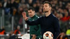 Bayer Leverkusen's Spanish head coach Xabi Alonso reacts during the UEFA Europa League semi final first leg football match between AS Roma and Bayern Leverkusen at the Olympic stadium on May 2, 2024 in Rome. (Photo by Alberto PIZZOLI / AFP)