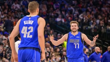Feb 8, 2022; Dallas, Texas, USA; Dallas Mavericks forward Maxi Kleber (42) and guard Luka Doncic (77) celebrate during the second half against the Detroit Pistons at the American Airlines Center. Mandatory Credit: Jerome Miron-USA TODAY Sports