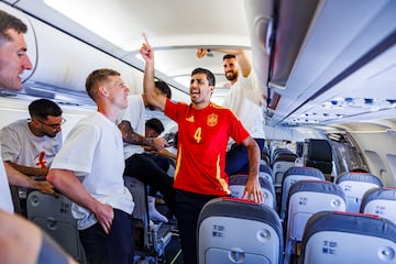 Los jugadores españoles con Rodri a la cabeza celebran la Eurocopa en el avión de regreso a España.