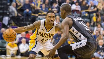 Nov 25, 2016; Indianapolis, IN, USA; Indiana Pacers guard Jeff Teague (44) dribbles the ball while Brooklyn Nets guard Isaiah Whitehead (15) defends in the first half of the game at Bankers Life Fieldhouse. Mandatory Credit: Trevor Ruszkowski-USA TODAY Sports