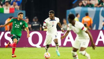 LAS VEGAS, NEVADA - JUNE 15: Yunus Musah #6 of USA in the second half against Mexico during the 2023 CONCACAF Nations League semifinals at Allegiant Stadium on June 15, 2023 in Las Vegas, Nevada.   Louis Grasse/Getty Images/AFP (Photo by Louis Grasse / GETTY IMAGES NORTH AMERICA / Getty Images via AFP)