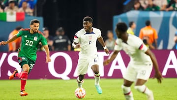 LAS VEGAS, NEVADA - JUNE 15: Yunus Musah #6 of USA in the second half against Mexico during the 2023 CONCACAF Nations League semifinals at Allegiant Stadium on June 15, 2023 in Las Vegas, Nevada.   Louis Grasse/Getty Images/AFP (Photo by Louis Grasse / GETTY IMAGES NORTH AMERICA / Getty Images via AFP)