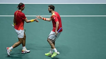 Spain&#039;s Rafael Nadal (L) and Spain&#039;s Marcel Granollers react during the doubles quarter-final tennis match against Argentina&#039;s Leonardo Mayer and Argentina&#039;s Maximo Gonzalez at the Davis Cup Madrid Finals 2019 in Madrid on November 22, 2019. (Photo by JAVIER SORIANO / AFP)