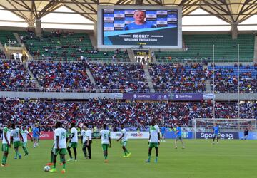 The players warm up on the pitch before a friendly between Everton and Kenya's Gor Mahia.