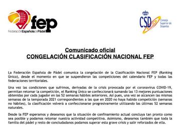 World Padel Tour, FIP Y FEP congelan sus rankings
