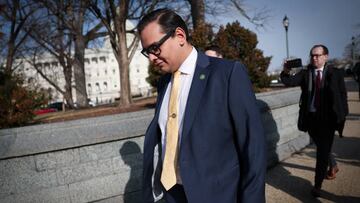 WASHINGTON, DC - JANUARY 12: Rep. George Santos (R-NY) leaves the U.S. Capitol on January 12, 2023 in Washington, DC. The Nassau County party chairman, Joseph G. Cairo Jr. and other New York Republican officials called on Santos to resign as investigations grow into his finances, campaign spending and false statements on the campaign trail. Santos announced in a tweet that he would not resign.  (Photo by Win McNamee/Getty Images)