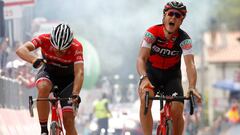 Swiss BMC rider Silvan Dillier (R) celebrates as he crosses the finish line ahead Belgian rival Jasper Stuyven of team Trek to win the 6th stage of the 100th Giro d&#039;Italia, Tour of Italy, cycling race from Reggio di Calabria to Terme Luigiane on May 11, 2017. 
 Luxembourg&#039;s Bob Jungels, of the Quick Step team, retained the race leader&#039;s pink jersey after a dramatic 217km ride from Reggio di Calabria to Terme Luigiane that saw the peloton fail to reel in a five-man breakaway. / AFP PHOTO / Luk BENIES