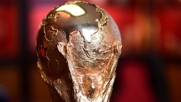 The top of the first replica of the FIFA football World Cup Trophy is pictured at the Italian trophy and medal manufacturer GDE Bertoni  is pictured on April 11, 2018 in Paderno Dugnano, northern Milan.  / AFP PHOTO / MIGUEL MEDINA